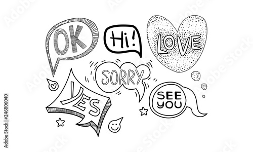 Vector set of hand drawn speech bubbles of different shapes. Dialog clouds with text - Ok  Yes  See you  Sorry