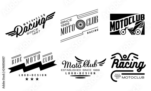 Vector set of 6 vintage logos for moto club. Original monochrome badges with wings and wheels