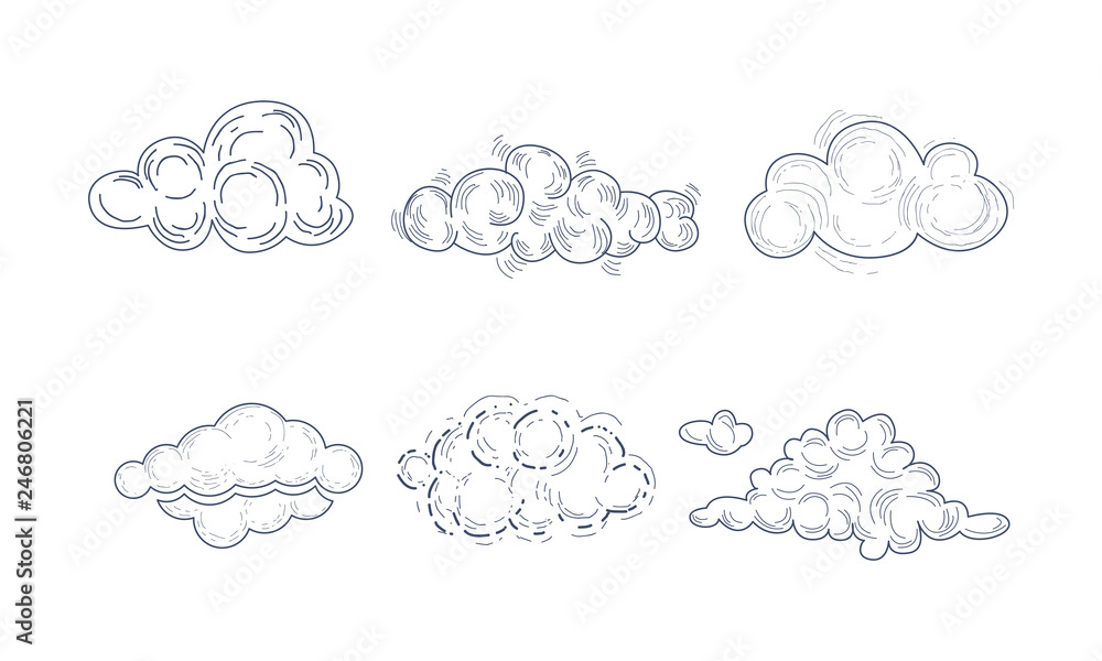 Vector set of fluffy clouds in sketch style. Monochrome hand drawn icons. Decorative graphic elements for children book