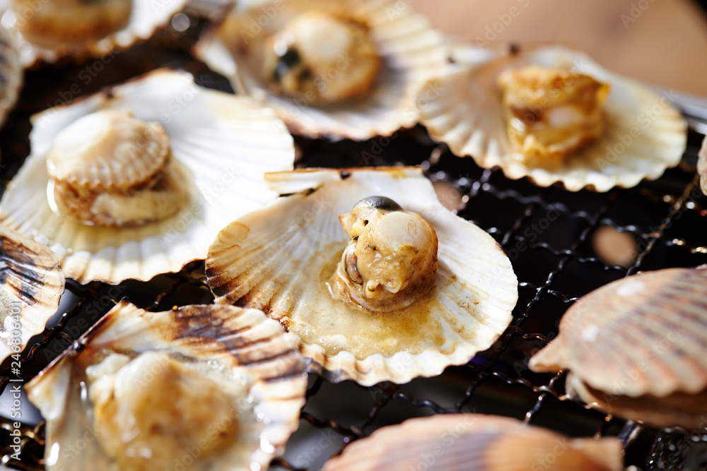 Grilled scallops, seafood BBQ 