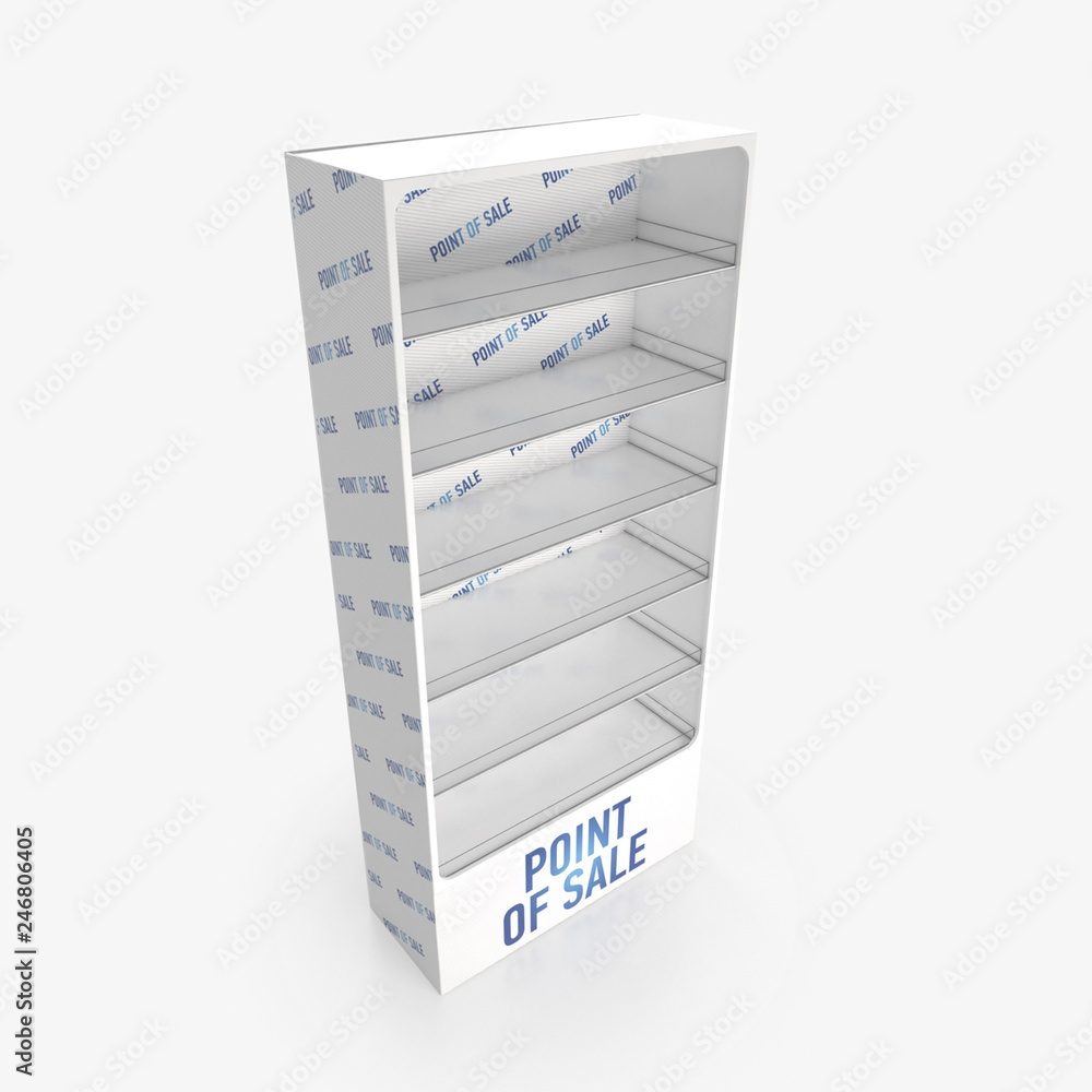 Empty store shelves. Retail shelf rack. Showcase display. Mockup template ready for design. 3d rendering. Empty store shelves. Retail shelf rack. Showcase display. Mockup template ready for design. 3d rendering.