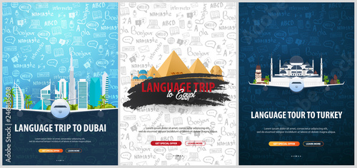 Language trip, tour, travel to Dubai, Turkey, Egypt. Learning Languages. Vector illustration with hand-draw doodle elements on the background.