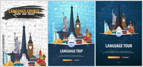 Language trip, tour, travel. Learning Languages. Vector illustration with hand-draw doodle elements on the background. photo