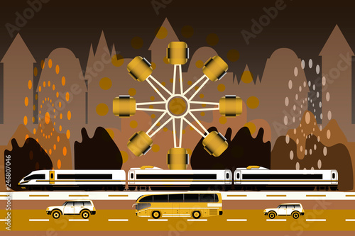 High-speed train, two cars, bus, amusement park