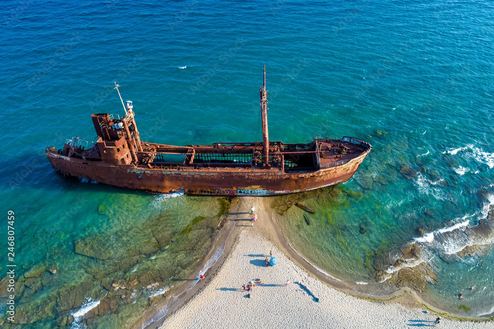 aerial view of Shipwreck Dimitrios (formerly called Klintholm) in Gythio Peloponnese, in Greece aerial view of Shipwreck Dimitrios (formerly called Klintholm) in Gythio Peloponnese, in Greece