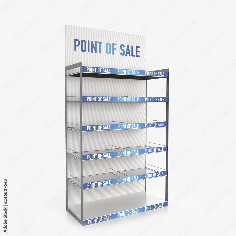 Empty store shelves. Retail shelf rack. Showcase display. Mockup template ready for design. 3d rendering. Empty store shelves. Retail shelf rack. Showcase display. Mockup template ready for design. 3d rendering.