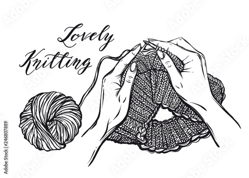 Vector illustration. Beautiful art knitting hat. Handmade, prints on T-shirts, tattoos, coloring for children and adults,postcard