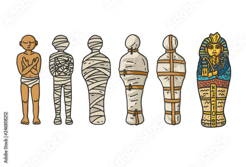 Mummy creation; A six step process showing how the ancient egyptians bandaging their dead during embalming. Vector illustration in hand draw cartoon style.