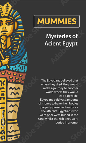 Vector Poster design with hand drawn Illustration of Acient Egyptian Pharaon Tutankhamun sarcophagus with text block on the black background.