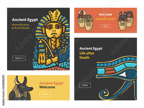Vector set of four banner design with Ancient Egypt symbols: Tutankhamun Sarcophagus, Anubis Head, Canopic jars (using in embalming proccess); Hand drawn cartoonish style with outline