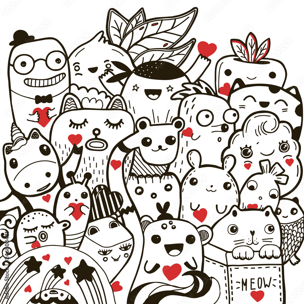 Doodling kawaii hand drawn vector illustration black and white tattoo  coloring. Valentine's day greeting card. Cute cartoon characters with red  hearts. Stock Vector | Adobe Stock