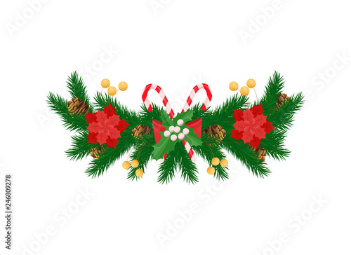 Spruce branches and white mistletoe, red poinsettia flowers and striped candy sticks, bow and pine cones vector New Year decoration icon isolated