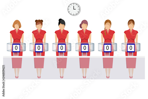 vector of thai government lottery office with women staff in traditional cheongsam dresses stand front of lottery machine photo