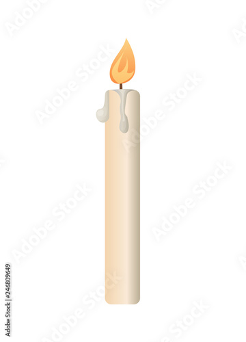 Burning candle from paraffin wax in flat style isolated on white. 3D design holiday celebration symbol or light object, vector icon of church symbol