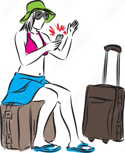 woman tourist waiting flight delayed illustration