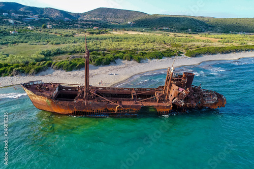 aerial view of Shipwreck Dimitrios (formerly called Klintholm) in Gythio Peloponnese, in Greece