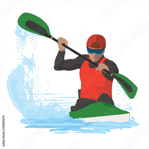 kayaking male paddling in water isolated on a white background