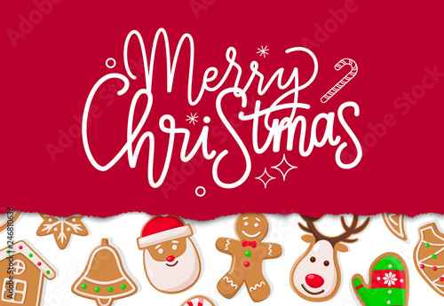 Merry Christmas celebration of winter holiday vector. Cookies made of gingerbread, mitten and reindeer, bell and Santa Claus with beard, star house
