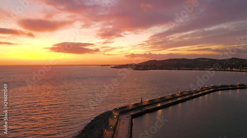 aerial 4k view of Dun Laoghaire pier and harbour during beautiful sunrise, Dublin photo