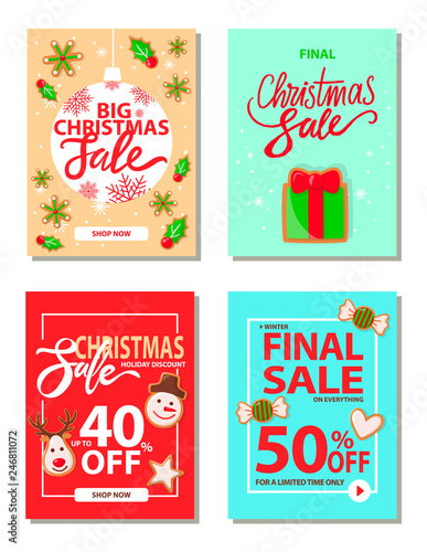Big Christmas sale 50 percent off reduction price vector. Giftbox decorated with ribbon bow, mistletoe plant with leaves and berries, snowman reindeer