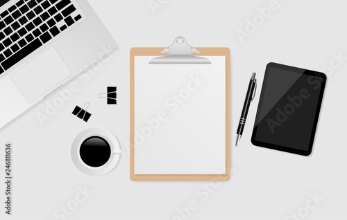 White sheet on clipboard with tablet, pen, coffee cup on gray background. Top view, vector illustration