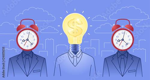 Creativeness In Business. Bizarre idea-manager in between of two figures of bizarre time-managers on background of cityscape. Vector illustration on the subject of 'Success Business'.