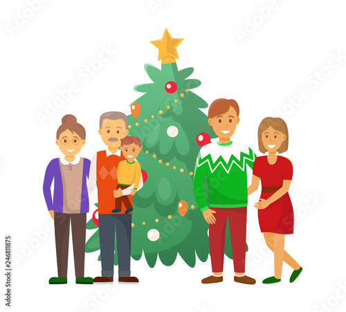 Pine tree and family Christmas holiday celebration vector. Mother and father, couple with grandparents holding grandchild on hands people at home