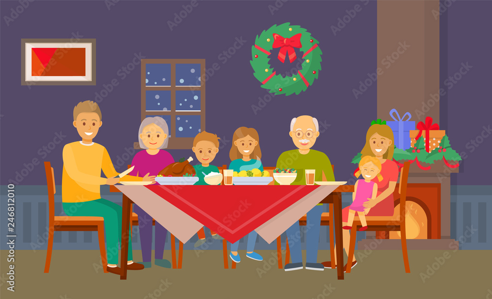 Christmas family dinner people eating food at room vector. Wreath decoration on wall made of mistletoe and spruce twigs, bows and presents kids parents Christmas family dinner people eating food at room vector. Wreath decoration on wall made of mistletoe and spruce twigs, bows and presents kids parents