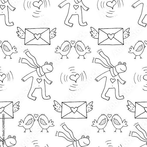 Cute cartoon valentines day pattern with hand drawn frog, valentine card, kissing birds and heart. Sweet vector black and white valentines day pattern. Seamless monochrome valentines day pattern.