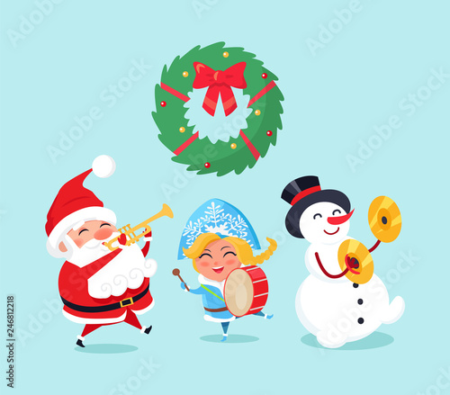 Merry Christmas celebration of Santa Claus and snowman, snow maiden vector. Winter character with music instruments, drums and trumpet caroling songs