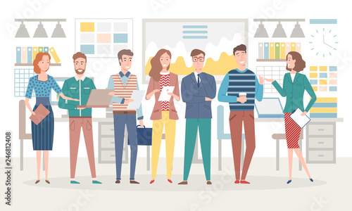 Company colleagues talking during coffee break vector. People smiling brainstorming and solving problems, relaxing lady and guys workers in office, hand drawn flat style, line characters