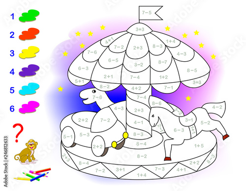 Educational page with exercises for children on addition and subtraction. Need to solve examples and to paint picture in relevant colors. Developing skills for counting. Vector image.