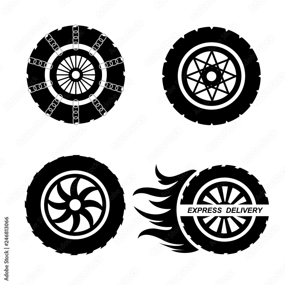 Different kinds of complete wheels and car tyres. Steel and alloy rims