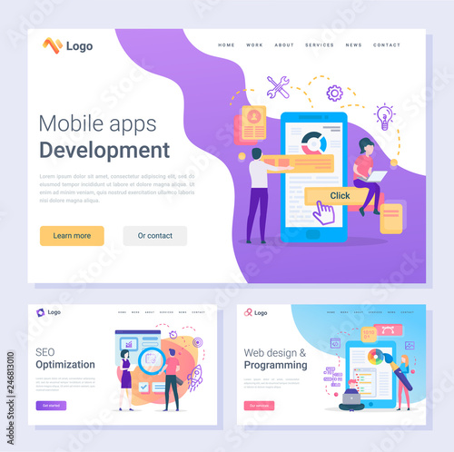 Mobile apps development programmers SEO optimization web pages vector. Online tools and instrument programming and design changing smartphone screen, flat style