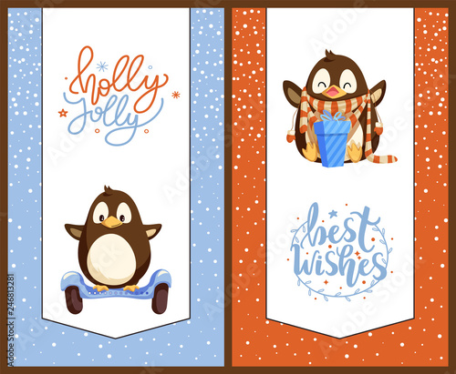 Penguin on gyroscooter and with Christmas gift box. Bird on modern transport and animal in scarf and mittens, New Year present, winter holidays vector