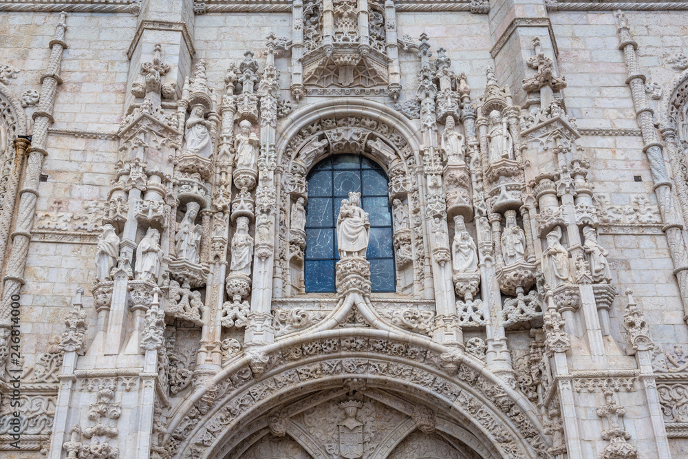 Facade of portal of Jeronimos or Hieronymites monastery in Lisbon city, capital of Poartugal