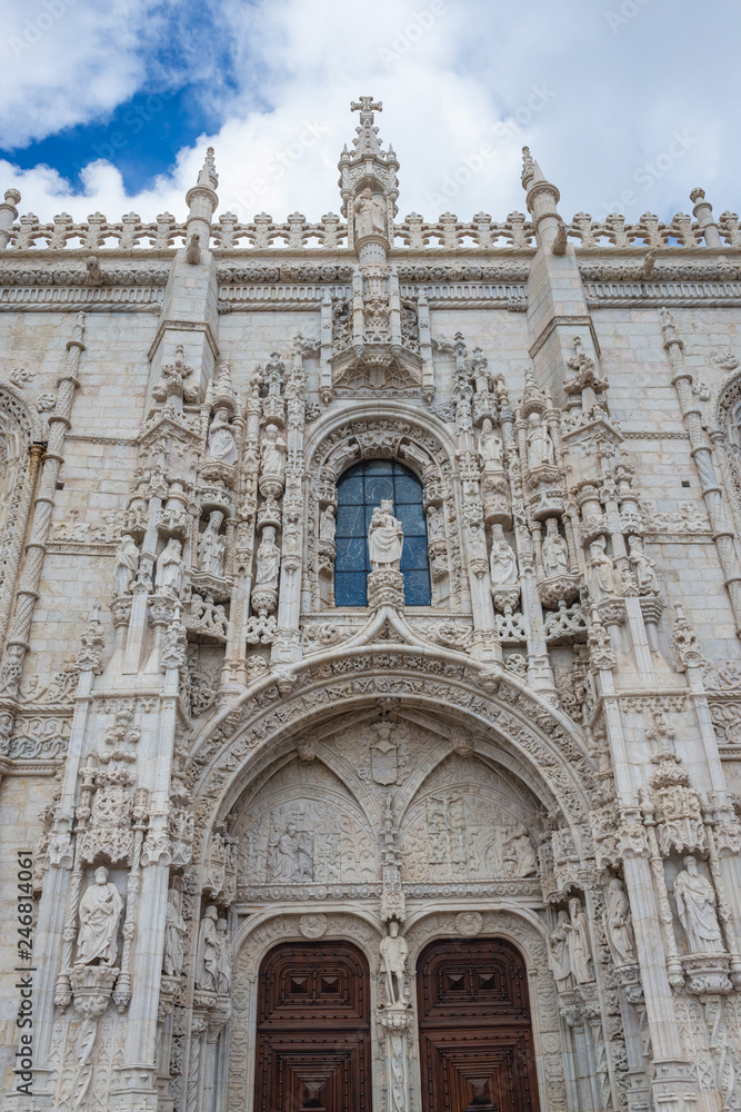 Facade of portal of Jeronimos or Hieronymites monastery in Lisbon city, capital of Poartugal