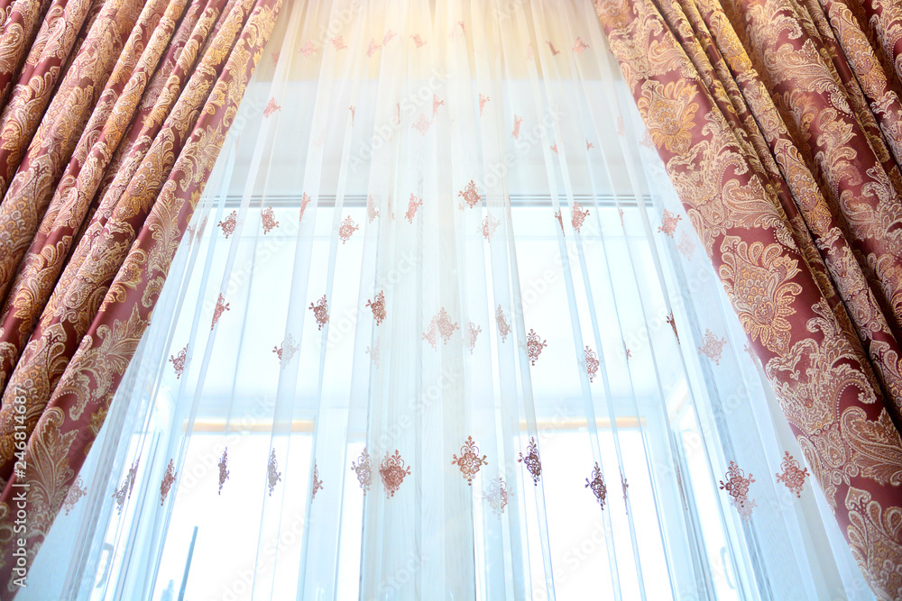 Window curtains background. Home textile decor.