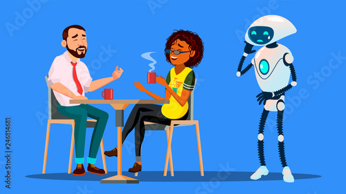 People Hanging Together In Restaurant And Ignoring Sad Robot Staying Alone Vector. Isolated Illustration