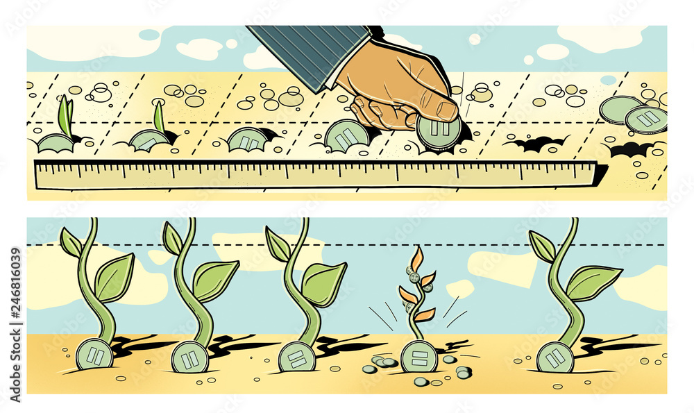 Naklejka premium Investments. A man puts dollar coins into the ground. Germination of coins and profit.