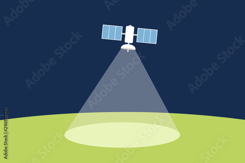 Artificial satellite in the space and cosmos is emitting the signal to the ground - reach, coverage on the Earth - connection, surveillance, observation. Vector illustration
