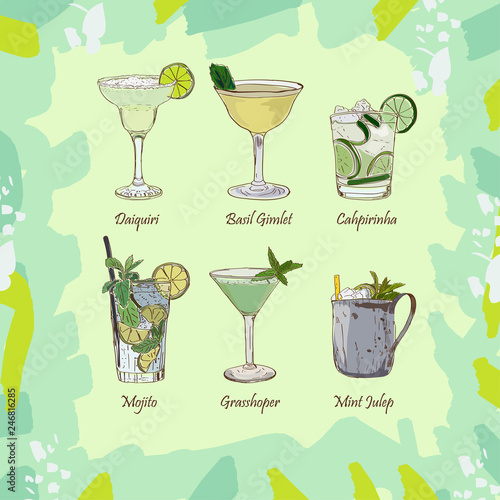 Set of classic cocktails on abstract green background. Fresh bar alcoholic drinks menu. Vector sketch illustration collection. Hand drawn. Daiquiri, mojito, gimlet, caipirinha, mint julep, grasshoper photo