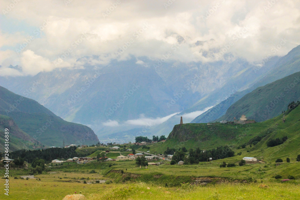 Colorful landscapes with mountain and rural houses in the Svaneti region in Georgia in spring.