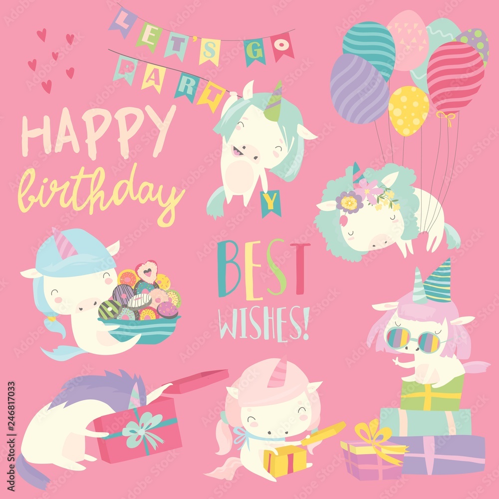 Cute white cartoon unicorns with birthday theme