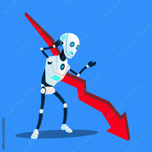 Robot With Falling Down Decreasing Business Trend Chart Vector. Isolated Illustration