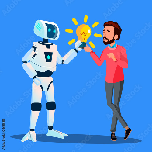 Robot Gives Yellow Light Bulb To Businessman Vector. Isolated Illustration