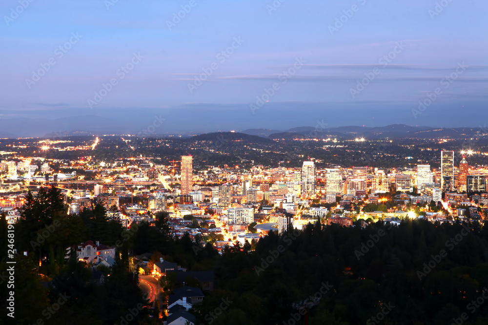 Aerial night view of Portland, Oregon skyline