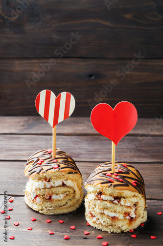 Puff pastry with cream. Concept Valentine's Day. Copy space. photo