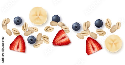 Vector realistic decorative border with oat flakes, strawberries, bananas and blueberries on white background - healthy breakfast or snack ingredients