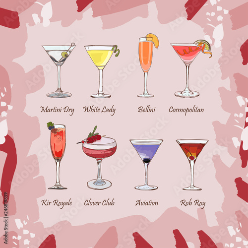 Set of classic cocktails. Fresh bar alcoholic drinks menu. Vector sketch illustration collection. Hand drawn. Martini dry, White Lady, Bellini, Cosmopolitan, Kir Royale, Clover club, Aviation, Rob Roy